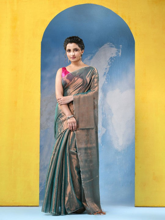 Exquisite Green and Gold Embellished Tissue Taant Saree for Women