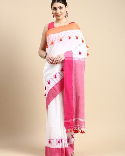 DESH BIDESH Solid Pure Cotton Tassel Design Taant Saree
