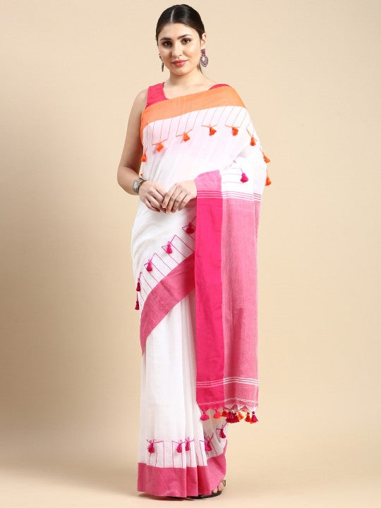 DESH BIDESH Solid Pure Cotton Tassel Design Taant Saree