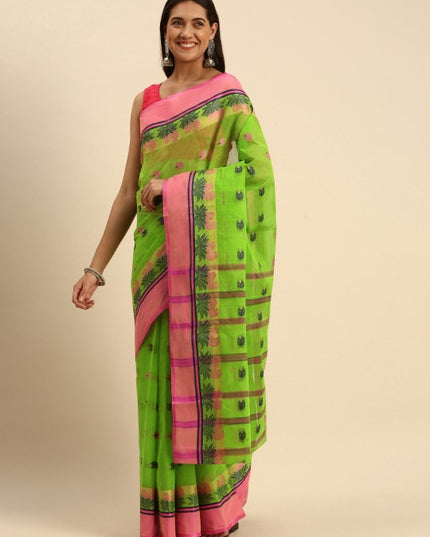 DESH BIDESH Woven Lotus Kolka Design Pure Cotton Bengal Taant Saree