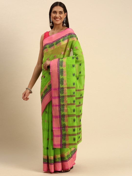 DESH BIDESH Woven Lotus Kolka Design Pure Cotton Bengal Taant Saree