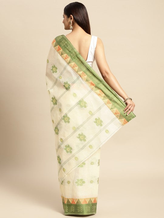 DESH BIDESH Off White & Green Ethnic Motifs Pure Cotton Taant Saree