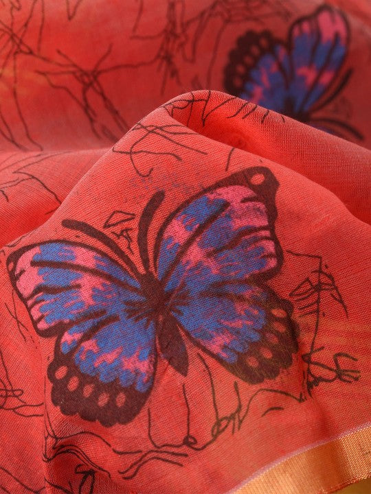 Exquisite Yellow Handloom Saree with Abstract Printed Butterfly Design & Blouse Piece