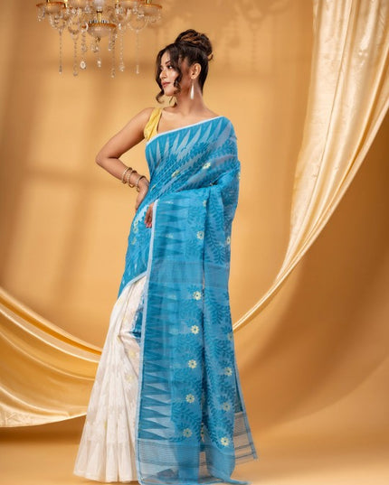 Exquisite Blue White Jamdani Saree: Pure Cotton Floral Woven Design Sari