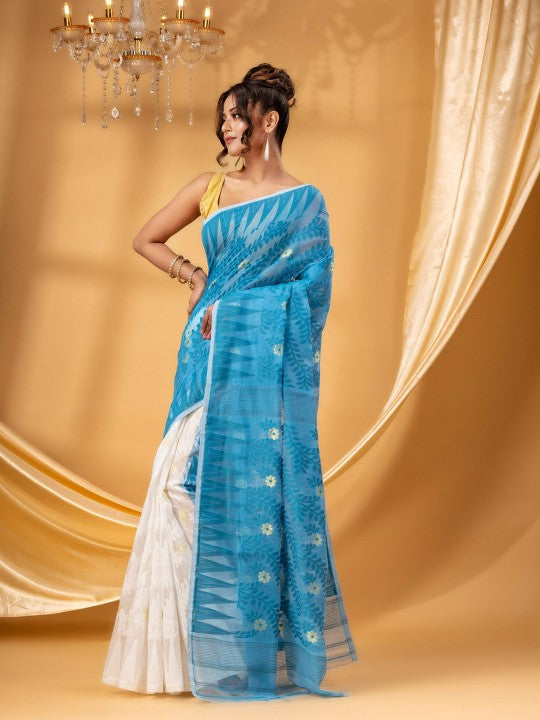 Exquisite Blue White Jamdani Saree: Pure Cotton Floral Woven Design Sari