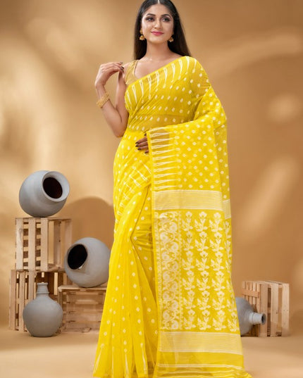 Exquisite Yellow & White Woven Pure Cotton Handloom Jamdani Saree with Border