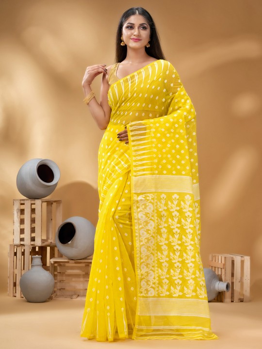 Exquisite Yellow & White Woven Pure Cotton Handloom Jamdani Saree with Border