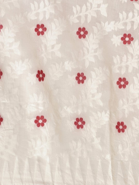 DESH BIDESH White & Red Floral Pure Cotton Jamdani Saree