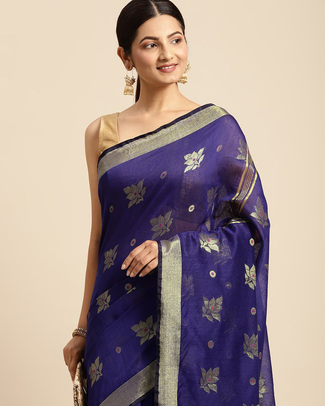 DESH BIDESH Navy Blue & Golden Ethnic Motifs Pure Cotton Muga Saree