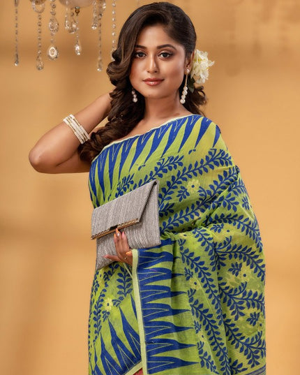 DESH BIDESH Pink-Green Pure Cotton Jamdani Saree: Elegant Woven Border Design