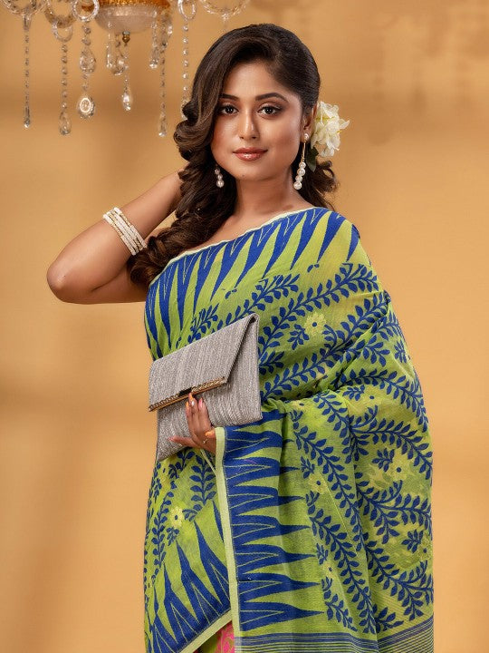 DESH BIDESH Pink-Green Pure Cotton Jamdani Saree: Elegant Woven Border Design
