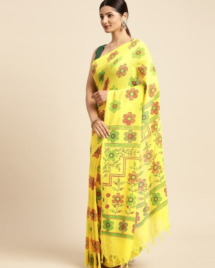 DESH BIDESH Yellow & Maroon Floral Print Pure Cotton Taant Saree