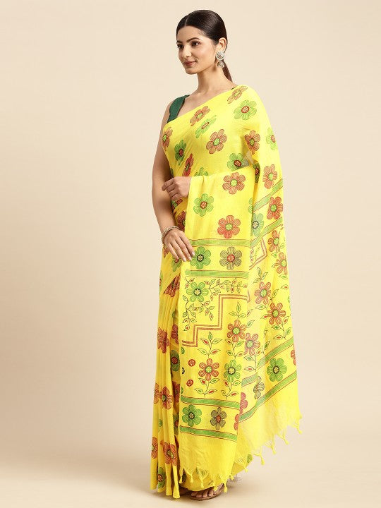 DESH BIDESH Yellow & Maroon Floral Print Pure Cotton Taant Saree