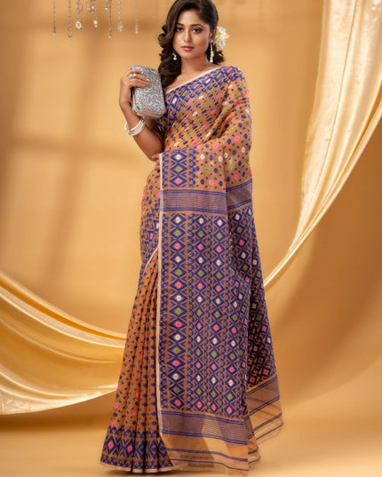 Exquisite Orange & Blue Pure Cotton Jamdani Saree with Woven Design Border