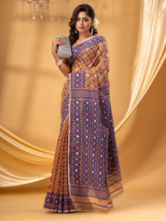 Exquisite Orange & Blue Pure Cotton Jamdani Saree with Woven Design Border