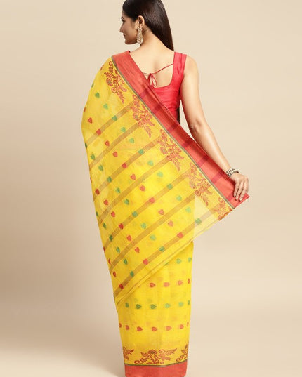 DESH BIDESH Yellow & Red Ethnic Motifs Pure Cotton Taant Saree