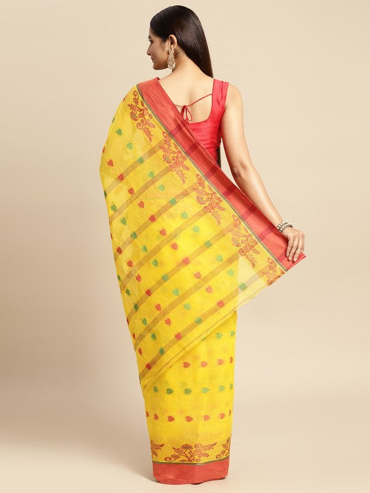 DESH BIDESH Yellow & Red Ethnic Motifs Pure Cotton Taant Saree