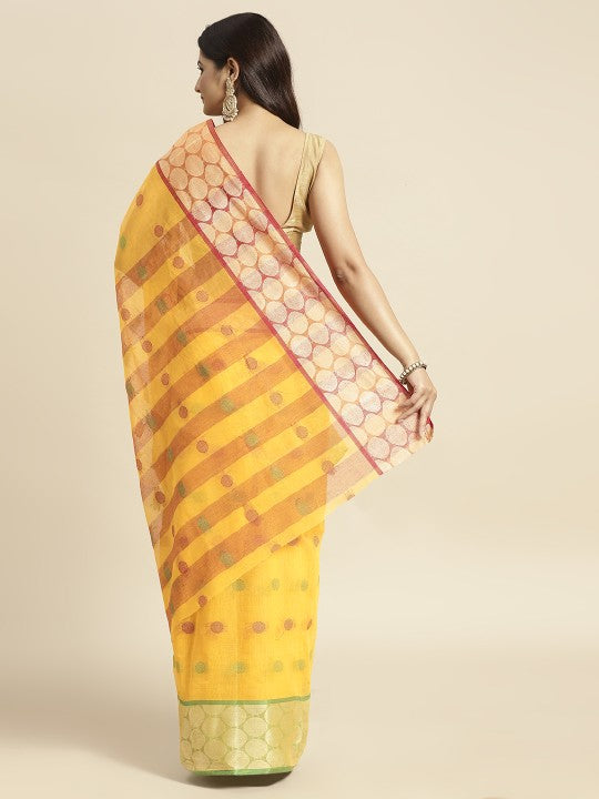 DESH BIDESH Red & Yellow Pure Cotton Taant Saree