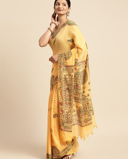 DESH BIDESH Yellow & Green Warli Print Pure Cotton Taant Saree