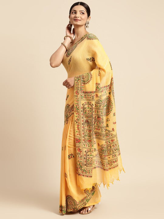 DESH BIDESH Yellow & Green Warli Print Pure Cotton Taant Saree