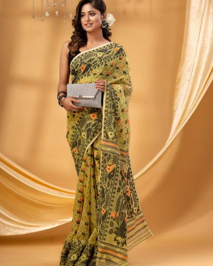 DESH BIDESH Green Black Pure Cotton Jamdani Saree for Women