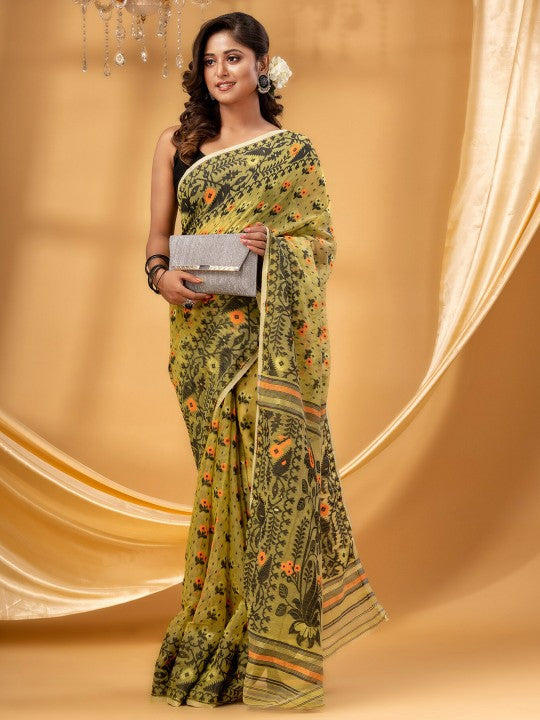 DESH BIDESH Green Black Pure Cotton Jamdani Saree for Women
