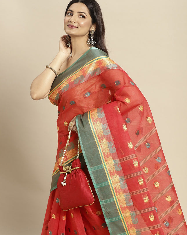 DESH BIDESH Red Woven Design Pure Cotton Taant Saree