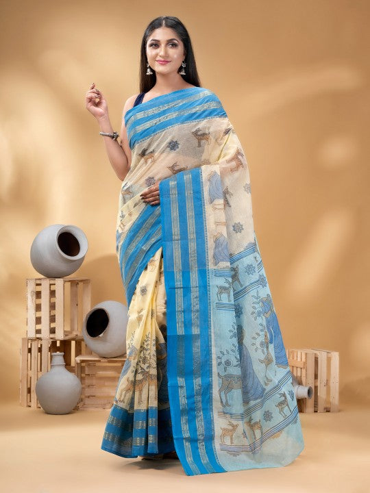 DESH BIDESH Ethnic Motifs Zari Pure Cotton Taant Saree