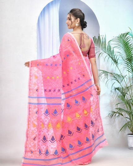 DESH BIDESH Pink Woven Design Jamdani Saree for Women