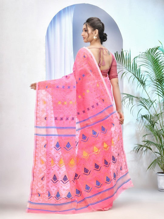 DESH BIDESH Pink Woven Design Jamdani Saree for Women