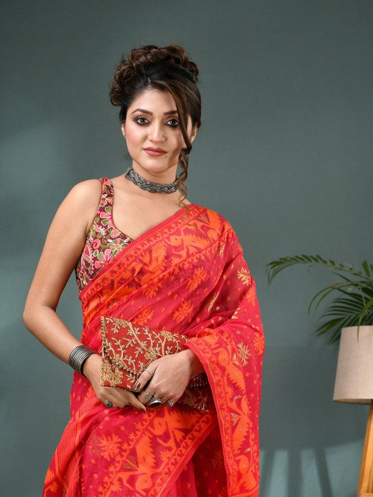 DESH BIDESH Woven Design Silk Cotton Jamdani Saree