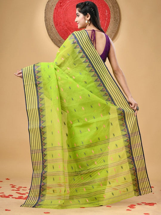 Women's Floral Pure Cotton Handloom Taant Saree in Green and Blue