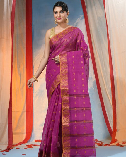 Exquisite Pink Gold Woven Design Pure Cotton Handloom Saree for Women