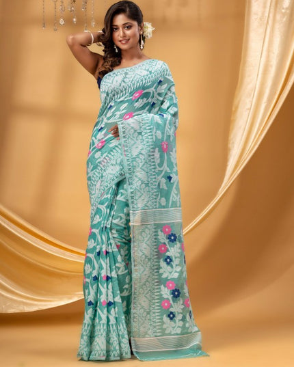 DESH BIDESH Women's Floral Pure Cotton Jamdani Saree: Ready-to-Wear Elegance