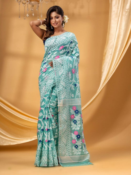 DESH BIDESH Women's Floral Pure Cotton Jamdani Saree: Ready-to-Wear Elegance