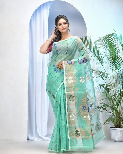 Exquisite Sea Green Pure Cotton Jamdani Saree with Elegant Woven Zari Design