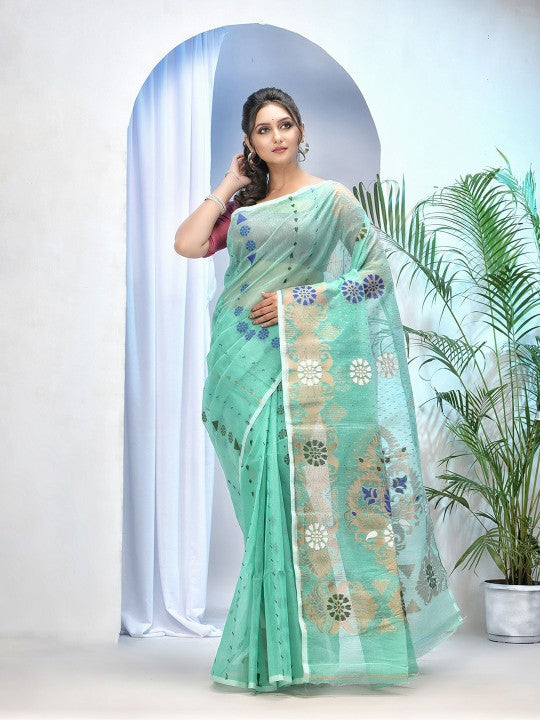 Exquisite Sea Green Pure Cotton Jamdani Saree with Elegant Woven Zari Design