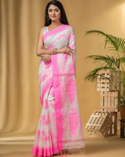 Elegant Pink & White Pure Cotton Woven Design Saree for Women