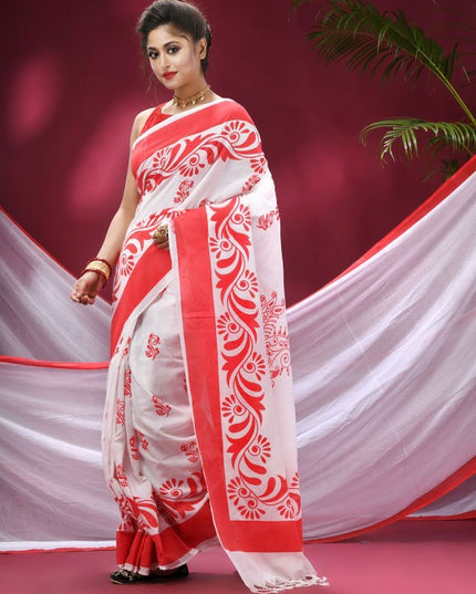 Exquisite Red & White Pure Cotton Saree with Woven Zari Design & Solid Border