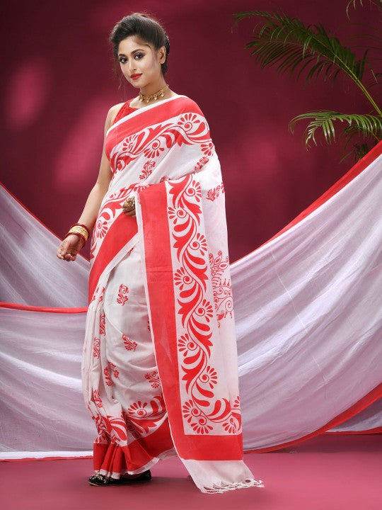 Exquisite Red & White Pure Cotton Saree with Woven Zari Design & Solid Border