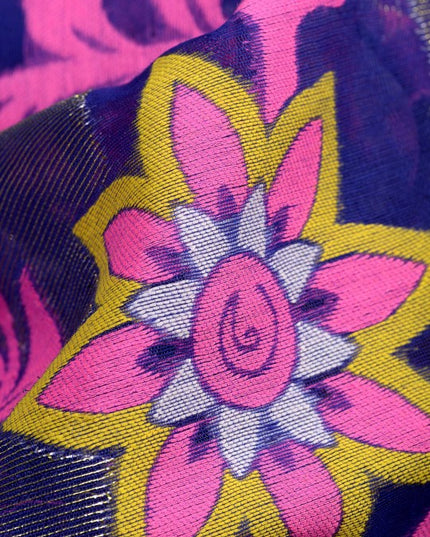 Exquisite Jamdani Cotton Blend Saree: Blue & Pink Woven Design with Solid Border