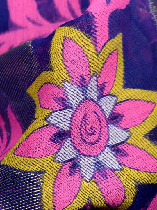 Exquisite Jamdani Cotton Blend Saree: Blue & Pink Woven Design with Solid Border