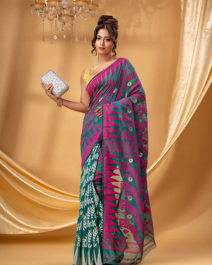 Vibrant Fluorescent Green Pure Cotton Jamdani Saree with Intricate Ethnic Woven Motifs