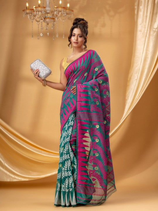 Vibrant Fluorescent Green Pure Cotton Jamdani Saree with Intricate Ethnic Woven Motifs