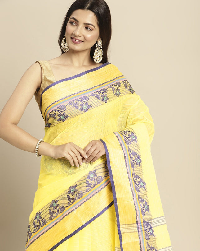 DESH BIDESH Yellow & Purple Ethnic Motifs Pure Cotton Taant Saree