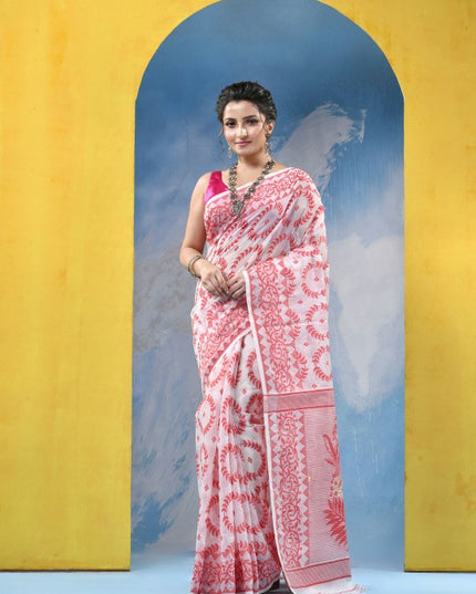 Exquisite Red & White Woven Design Jamdani Saree with Elegant Floral Patterns