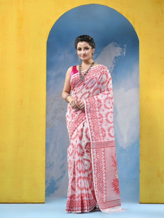 Exquisite Red & White Woven Design Jamdani Saree with Elegant Floral Patterns