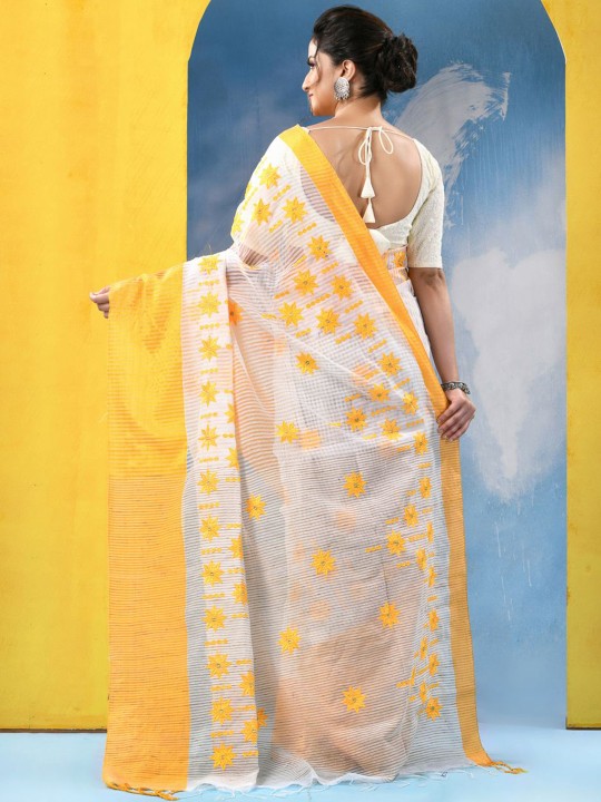 DESH BIDESH Floral Embroidered Pure Cotton Khadi Saree