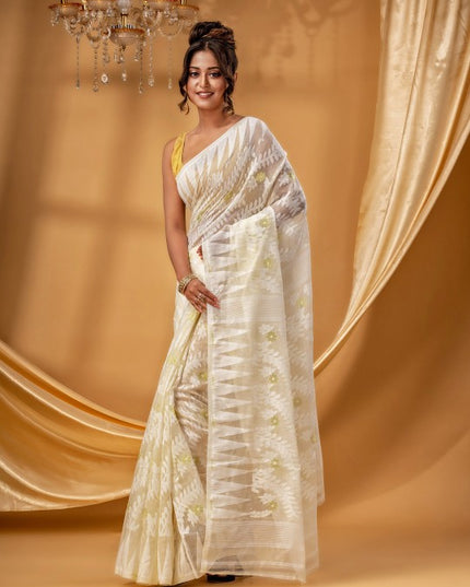 DESH BIDESH Elegant Off-White Gold-Toned Zari Woven Design Pure Cotton Jamdani Saree