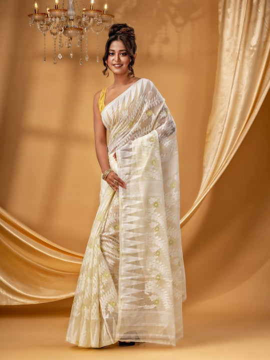 DESH BIDESH Elegant Off-White Gold-Toned Zari Woven Design Pure Cotton Jamdani Saree
